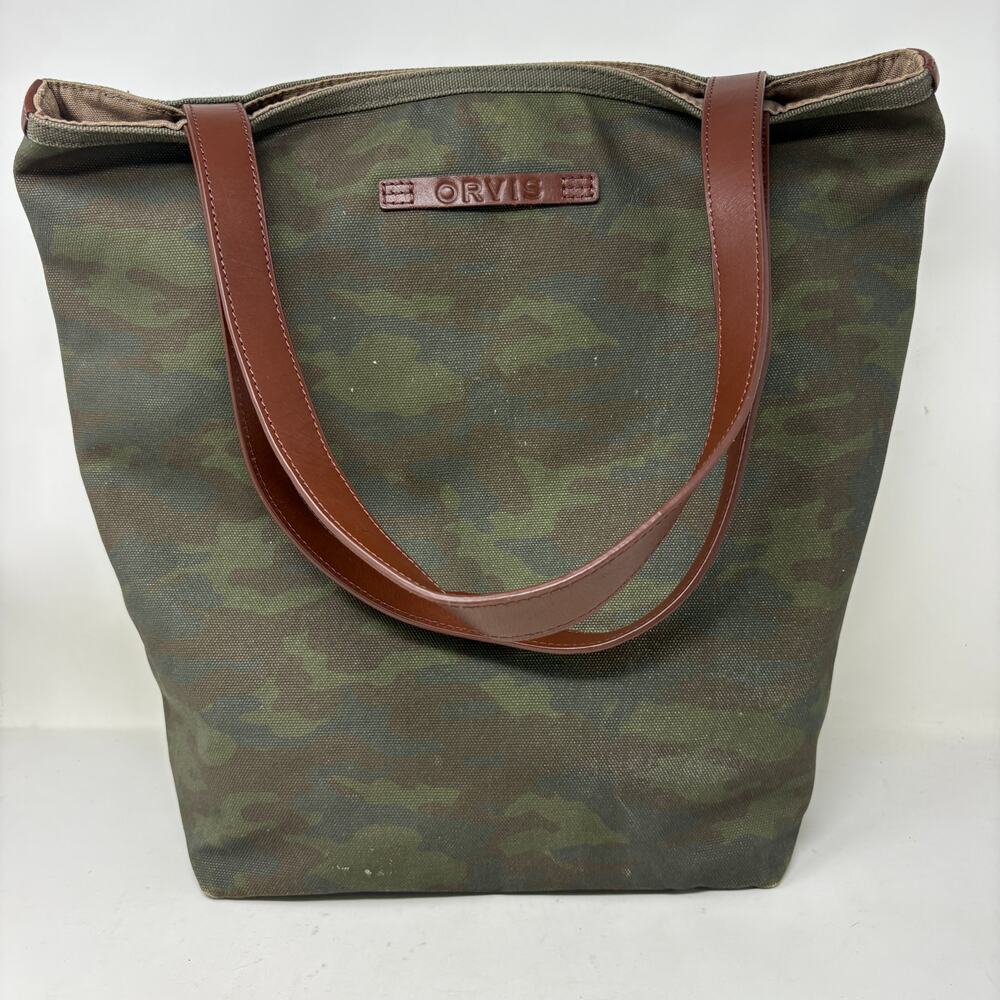 Orvis Camo Canvas Tote Bag Leather Trim Travel Casual Military Moto Army - Picture 10 of 10